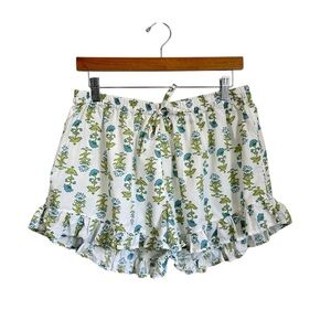 Piyama Womens Floral Ruffle Hem Cotton Lounge Pajama Shorts Sz Large White Green